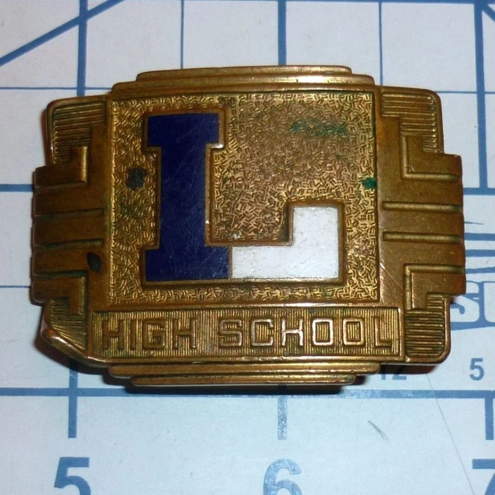 Antique 1920s Art Deco Brass Belt Buckle Giant Grip High School Letter L Enamel